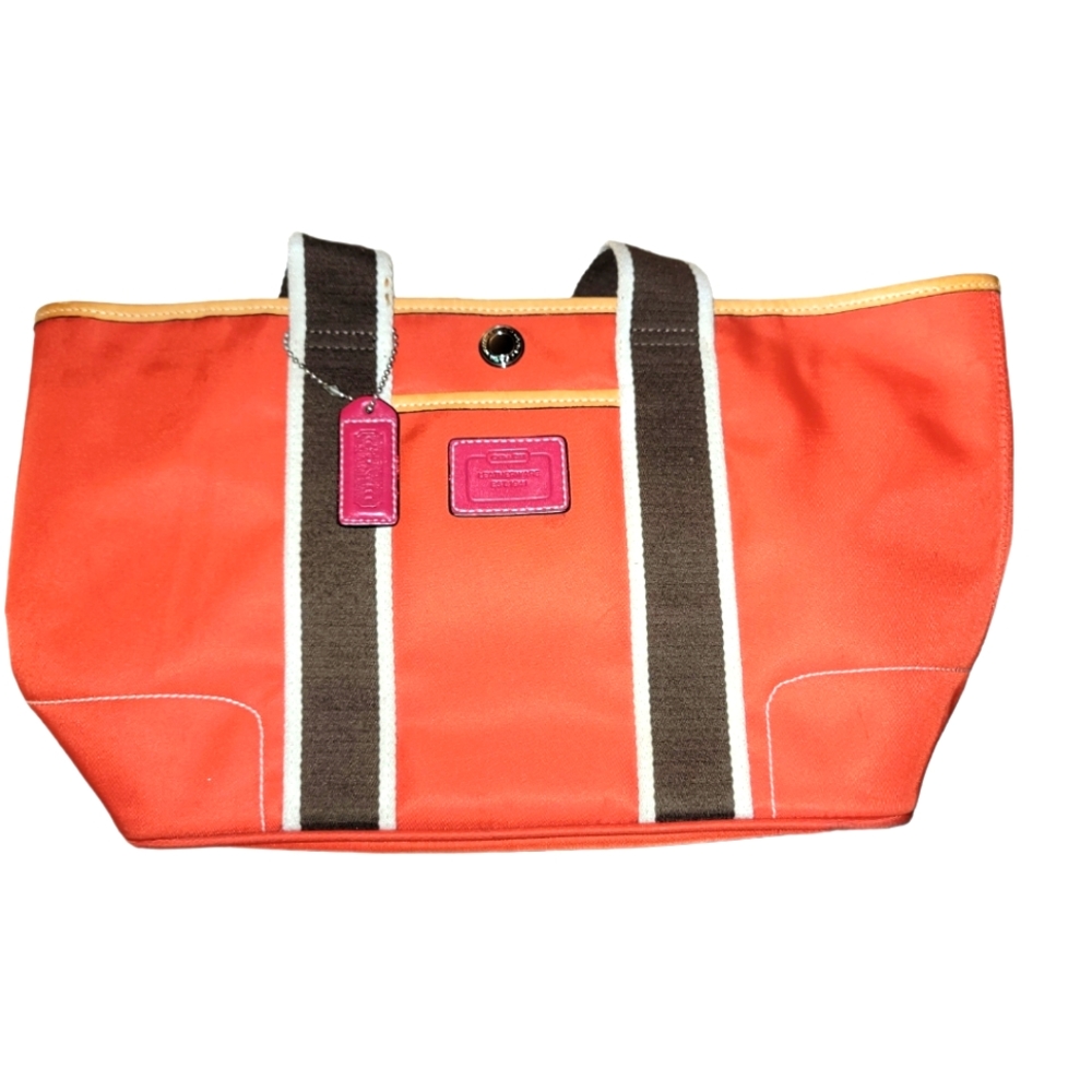 Coach Orange Canvas Tote with Brown Straps and Pink Trim